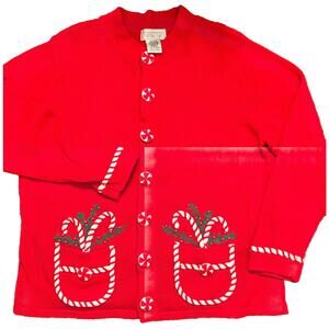 Mandal Bay Christmas Sweater Women's XL Cardigan Candy Cane Mrs Claus Holiday